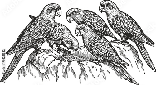 Five parrots perched on a rock, highly detailed black and white vintage illustration