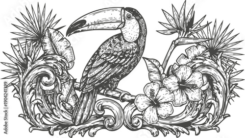 Intricate black and white toucan illustration with tropical flowers and ornamental leaves decoration