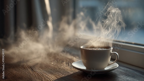 Steaming cup of coffee sits on a wooden surface near a window