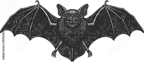 Detailed black and white illustration of a bat with outstretched wings, showing fur texture and facial features
