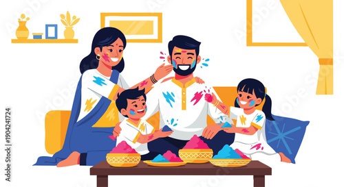Vector illustration of a family celebrating Holi Festival with colorful powder and traditional Indian clothes in a joyful scene on a white background.