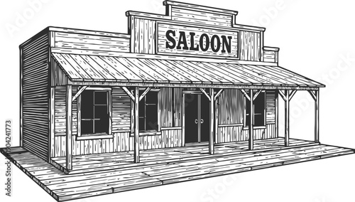 Old western saloon building illustration with wooden porch and vintage architecture