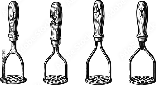 Vintage potato mashers set four different kitchen utensils with wooden handles and metal mashing plates