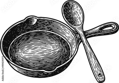 Cast iron skillet and wooden spoon engraving kitchen cooking utensils vintage black and white illustration