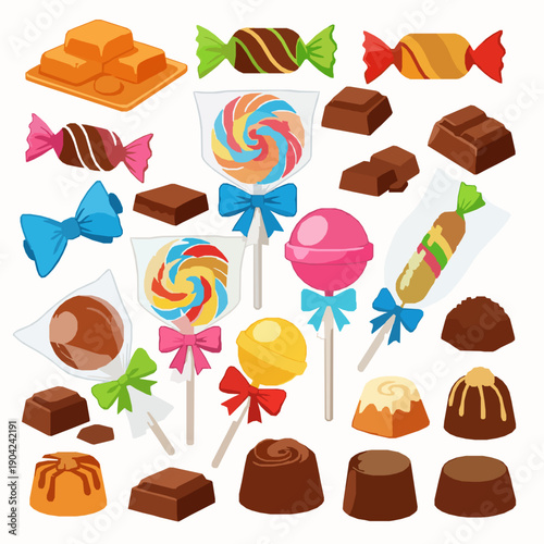 Caramel and Chocolate Candies Vector Set Flat Confectionery Illustration