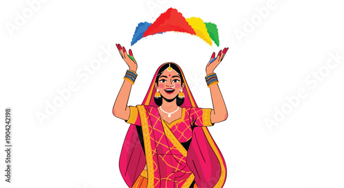 Vector illustration of a smiling woman in traditional Indian attire celebrating Holi festival with colorful powder against a white background.