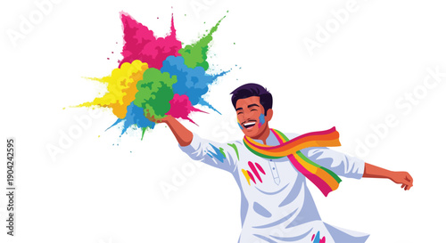 Vector illustration of a joyful man celebrating Holi Festival with colorful powder and traditional Indian clothes on a white background.