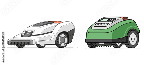 Two modern robotic lawn mowers, one white and one green, depicted in a clean, minimalist vector illustration style on a white background.