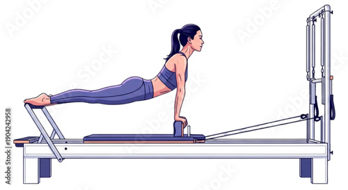 Woman doing Pilates exercise on reformer isolated on transparent background.