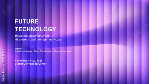 Future technology conference poster with abstract purple gradient background
