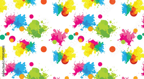 Vibrant Holi festival pattern with colorful paint splatters and dots on a white background, creating a lively and festive design.