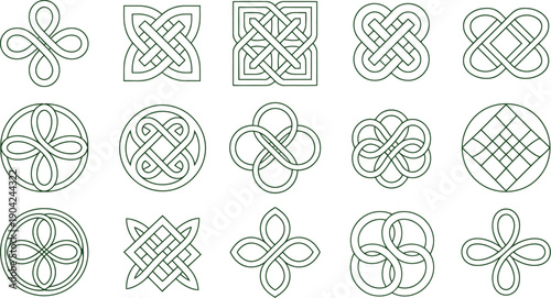 Celtic knot pattern set featuring detailed circular and square interlaced motifs arranged in a grid ornamental vector illustration