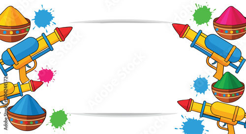 Colorful Holi festival pattern featuring water guns and powder containers on a white background with vibrant splashes of paint in a graphic design vector illustration.