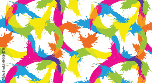 Vibrant Holi festival pattern with colorful paint splatters in yellow, pink, green, blue, and orange hues on a white background, creating a lively vector design.