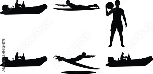 Silhouette of man with ball and person on surfboard