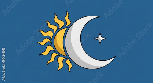 Stylized sun and crescent moon with star icon representing day and night cycle isolated on blue background