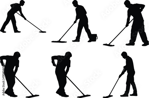 Male cleaning staff mopping floors with buckets, maintaining hygiene.
