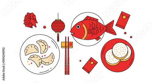 Festive Chinese New Year Celebration Elements Dumplings, Red Fish, Lantern, and Lucky Envelopes