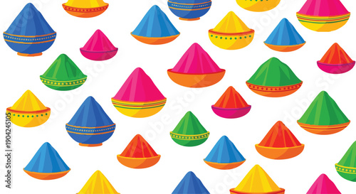 Vibrant Holi festival pattern of colorful party hats on a white background with a joyful and celebratory mood.