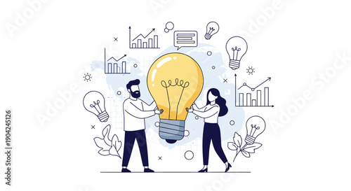 Man and woman collaborating to hold giant glowing lightbulb surrounded by diverse business and creativity icons.