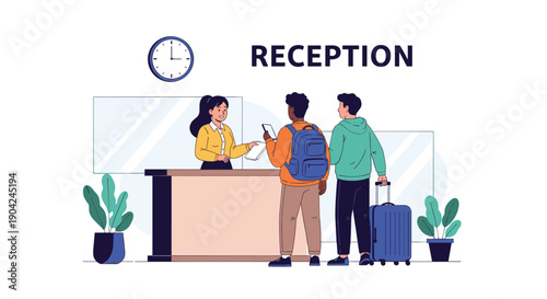 Professional receptionist assisting two young male guests with backpacks at wooden counter in modern lobby setting.