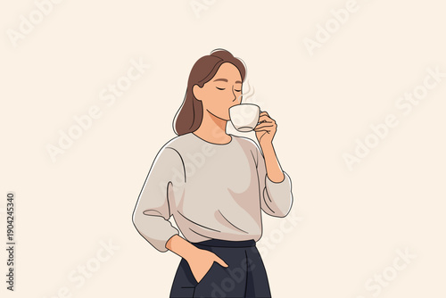 Relaxed young woman enjoying hot coffee or tea with eyes closed flat vector illustration