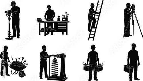 Large collection of professional construction worker silhouettes featuring technicians using ladders wheelbarrows tools and machinery for industrial building site and engineering project concepts.