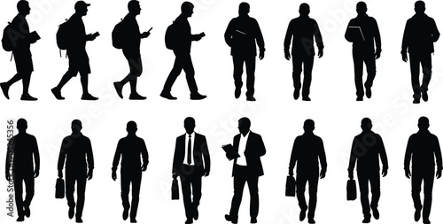 Large collection of professional business man and student silhouettes featuring people walking with backpacks briefcases and documents for corporate and education career concepts.
