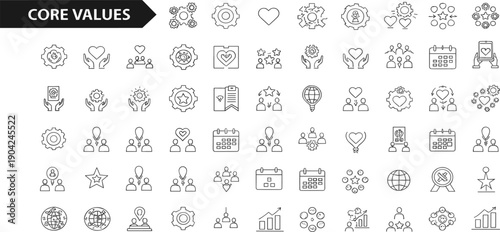 Core Values Line Icon Set with Ethics, Trust, Teamwork, Leadership, Responsibility, Corporate Culture, and Organizational Principles Symbols for Business, Web, App, and UI Design