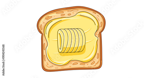 A delightful illustration of a golden-brown slice of toast generously spread with creamy yellow butter, featuring a neatly rolled butter curl, perfect for breakfast themes.