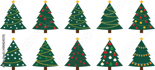 Decorated Christmas Tree Illustration Set with Festive Pine Trees, Ornaments, Garlands, Stars, and Holiday Decorations for Winter and Xmas Design Projects