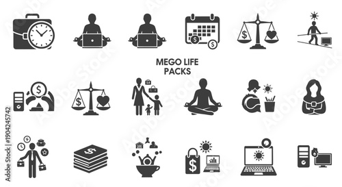 Collection of black and white icons representing life management and productivity on white background with simple design