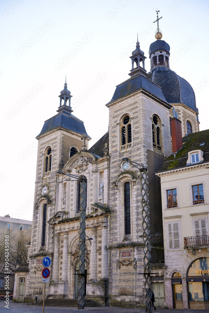 Fototapeta premium Baroque style church facade and adjacent houses in Chalon sur Saone city center France