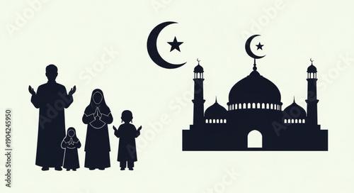 Muslim family praying together in front of a mosque illustration.