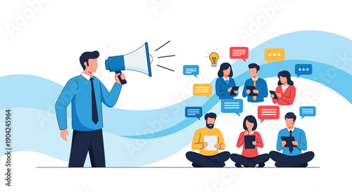 Corporate leader communicating vision using megaphone to group of diverse employees using digital tablets and sharing ideas.