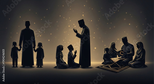 Muslim Family Praying Together During Ramadan Evening.