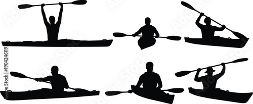 Black silhouette vector illustration of kayakers paddling in different poses, dynamic water sport, outdoor adventure, canoeing design, recreational activity artwork