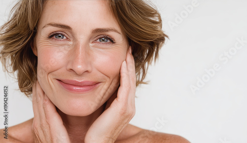 Smiling middle-aged woman with wavy light brown hair and clear skin, expressing happiness and confidence, against a plain white background