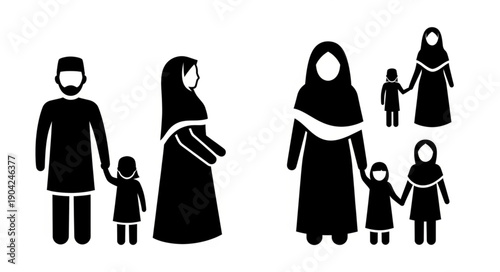 Muslim family icon set father mother and children.