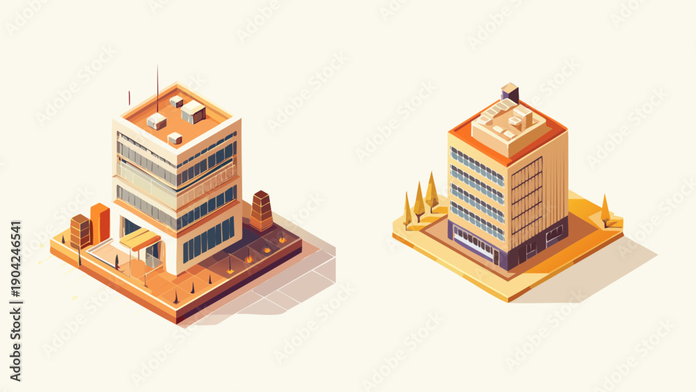Fototapeta premium Isometric 3D vector illustration set showcasing modern urban architecture and contemporary office buildings, perfect for city development and business district designs