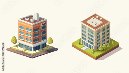 Isometric Buildings Modern Offices and Residential Structures in a Stylized Cityscape