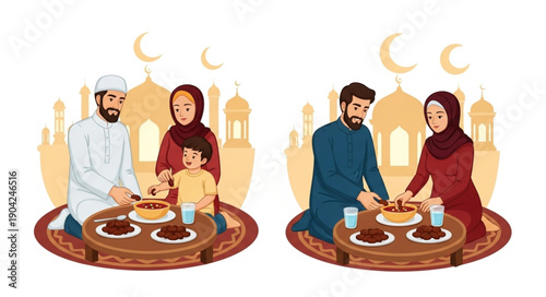 Muslim Family Enjoying Iftar Meal Together During Ramadan.