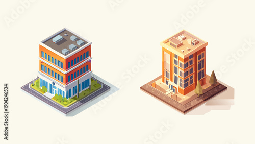 Isometric illustration of two modern commercial buildings with landscaping and street elements, set against a neutral background