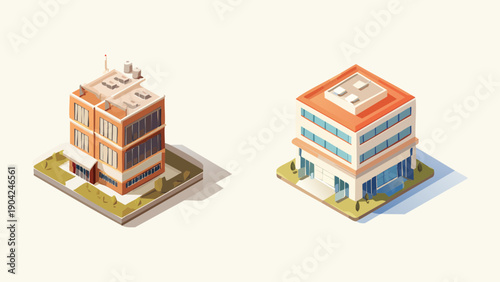 Isometric architectural illustrations of modern office buildings with clean designs on a white background