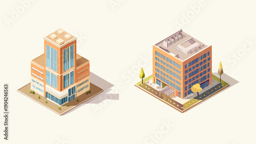 Isometric 3D illustrations of contemporary office buildings, depicting urban corporate architecture and commercial real estate development models for city planning and business environments
