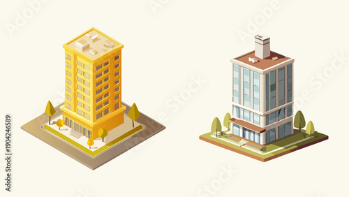 Isometric buildings representing different architectural styles in a city environment