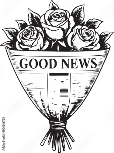 A bouquet of roses wrapped in newspaper delivering good news silhouette