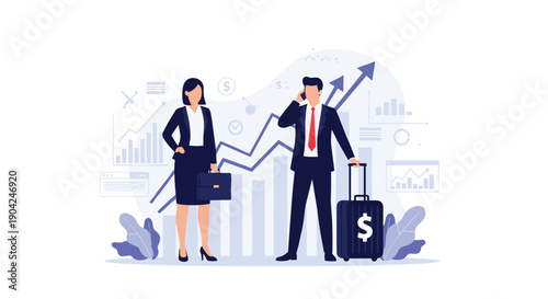 Successful business couple standing confidently in front of positive market growth charts with travel luggage and mobile phone.