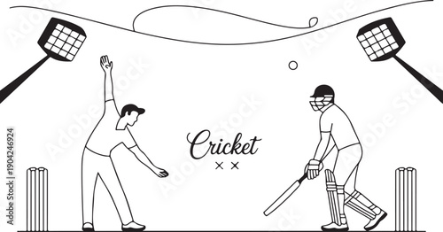 Abstract flat line pattern with batsman and bowler playing cricket championship background.