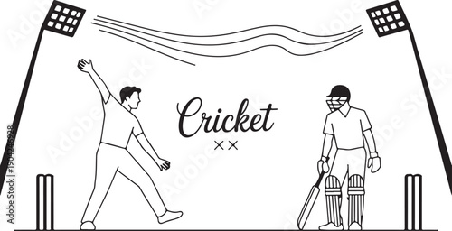Abstract flat line pattern with batsman and bowler playing cricket championship background.